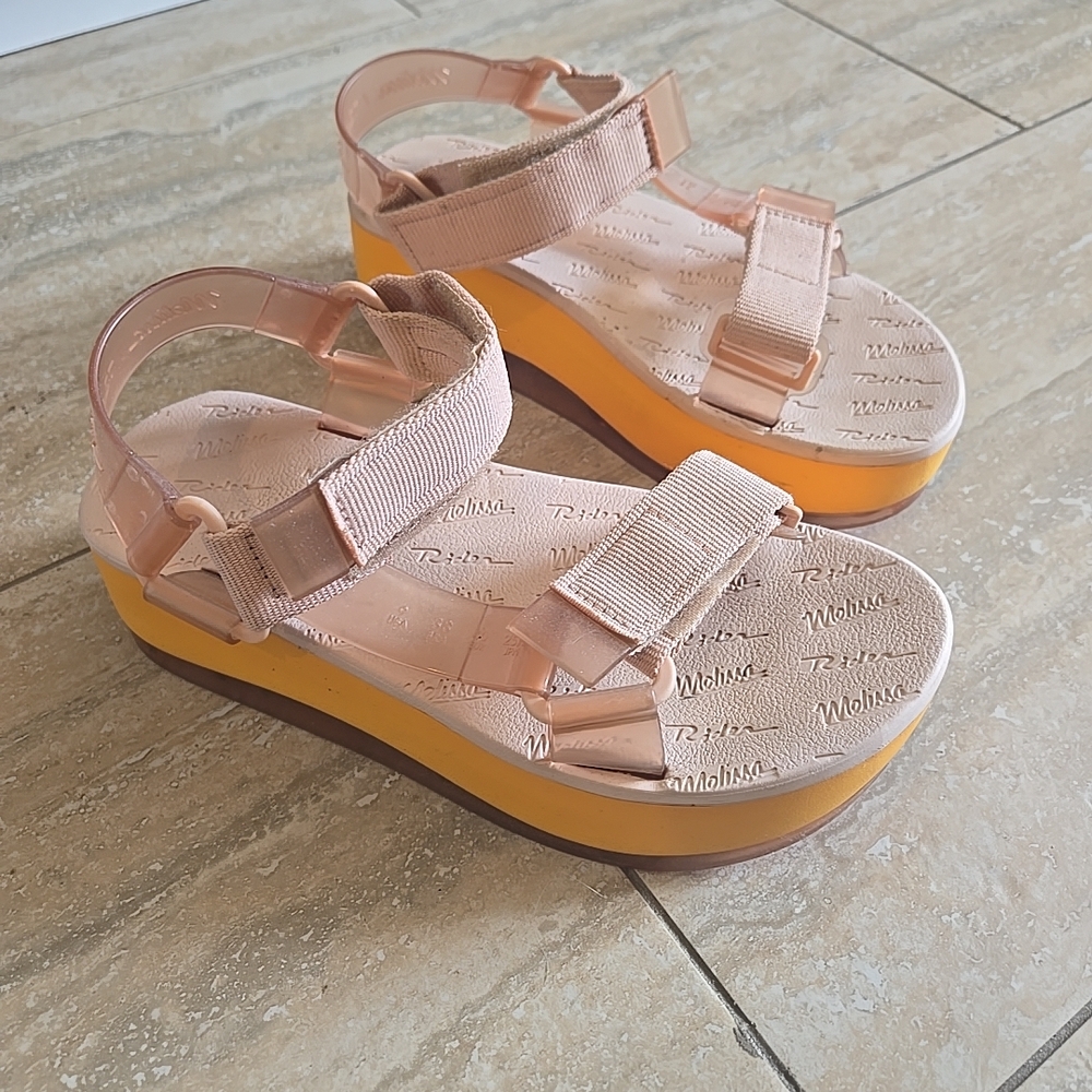 Melissa Rider Papete PVC Strappy Platform Wedges Sandals 9 Pink Orange Open Toe